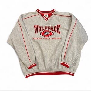 Vintage Lee Sport Gray and Red NC State Wolfpack V-Neck Men's Sweatshirt